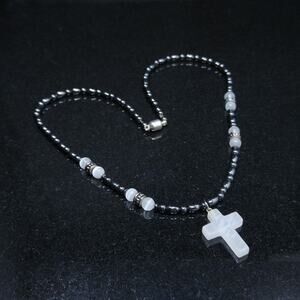 Cross Beaded Necklace, Gemstone Beads Cross, 19 Inches, Magnetic Clasp